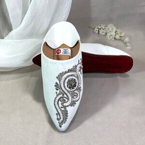 Handmade Moroccan Bridal White Babouche Slippers Leather Beaded Wedding Shoes 44